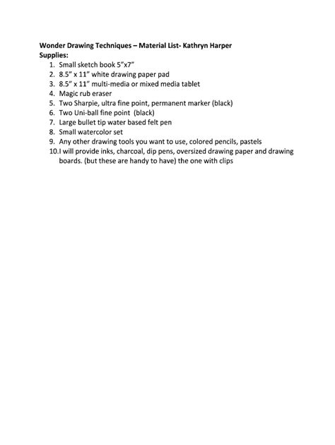 Fillable Online Wonder Drawing Techniques Material List- Kathryn Harper ...