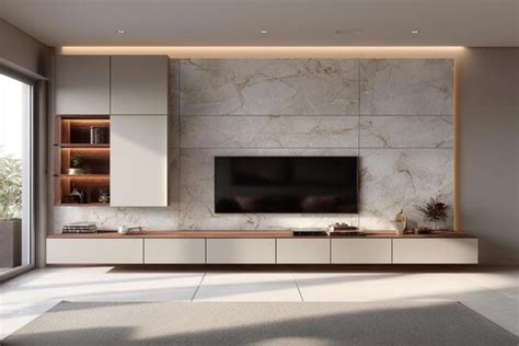 Contemporary TV unit design with Storage Cabinets and Marble Highlights