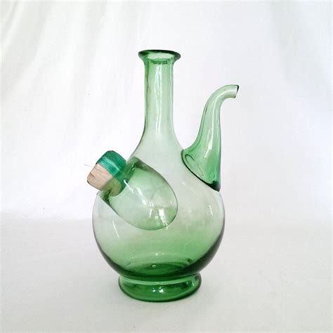 Vintage Hand Blown Green Glass Wine Decanter Carafe with Ice Chamber