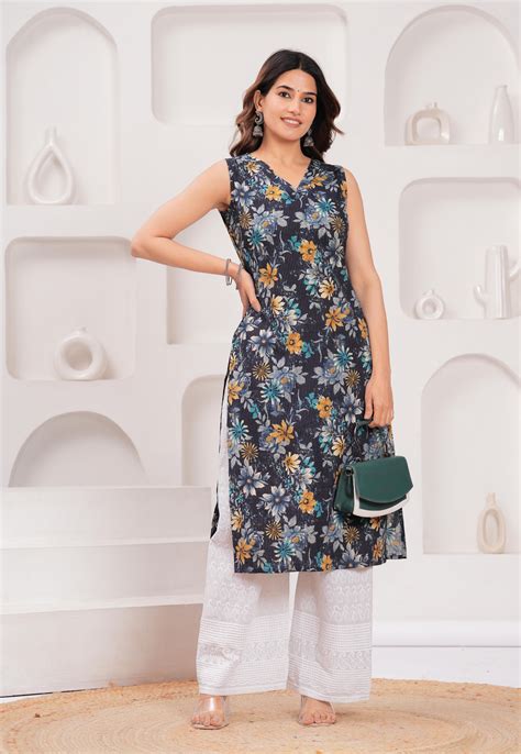 Navy Blue Printed Straight Sleeveless Kurta – Trendphoria
