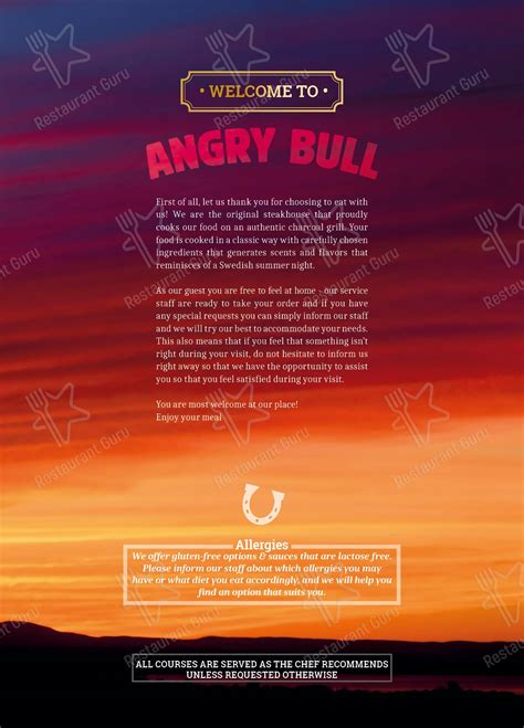 Menu at Flaming Bull steakhouse, Linköping