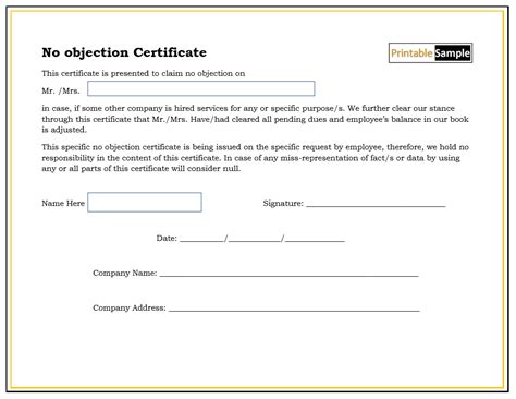 No Objection Certificate Templates - Printable Samples