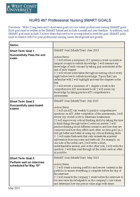Smart Goals - Assignment - NURS 497 Professional Nursing SMART GOALS ...