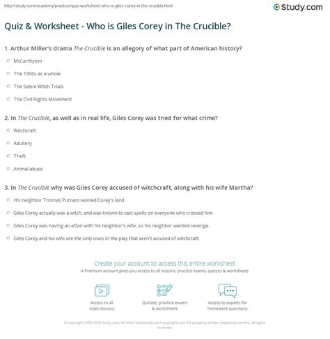 Quiz & Worksheet - Who is Giles Corey in The Crucible? | Study.com