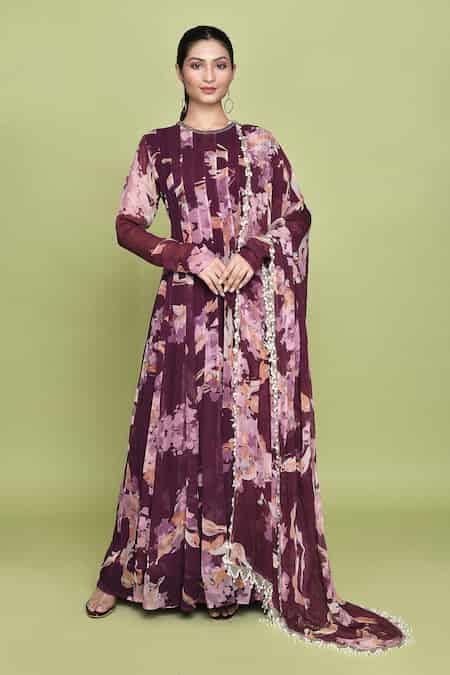 Buy Purple Crepe, Chiffon Beads, Tassels Round Harshi Pansy Bloom Print ...