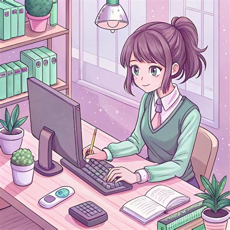 A cartoon illustration of a girl working on a computer with a book ...