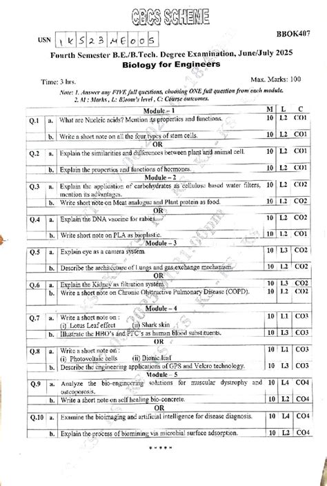 CBCS BBOK407 S23E005 Biology for Engineers - 4th Sem Exam QP 2025 - Studocu