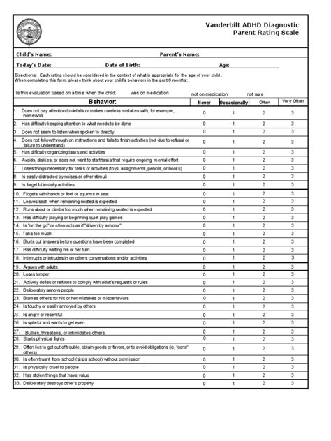 Vanderbilt ADHD Diagnostic Parent Rating Scale: Child's Name: Parent's ...