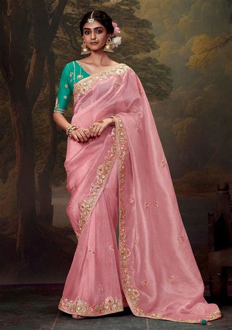 ELEGANT LIGHT PINK ORGANZA SAREE for Festive Days | Kimora.in