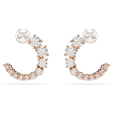 Matrix hoop earrings, Crystal pearl, Round cut, White, Rose gold-tone ...