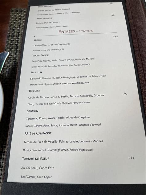 Menu at Maison Boulud restaurant, Montréal