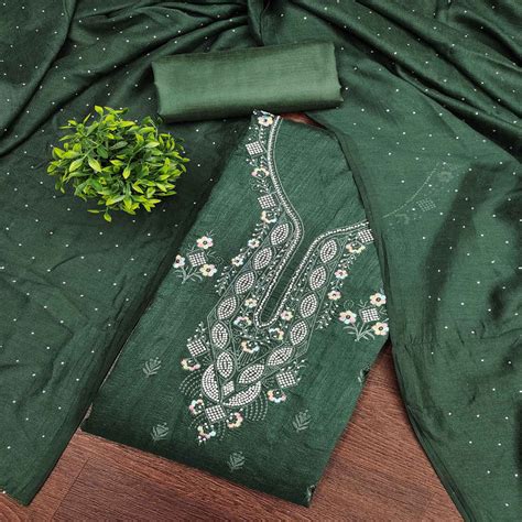 Gorgeous Green Floral Embroidered Vichitra Silk Dress Material Beautif