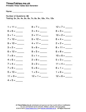 Printable Times Tables Quiz Generator - Blank Fillable Template | Fill ...