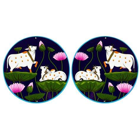 Dark Blue Pichwai Pair Cow With Lotus Mdf 6 IN – craftshopindia