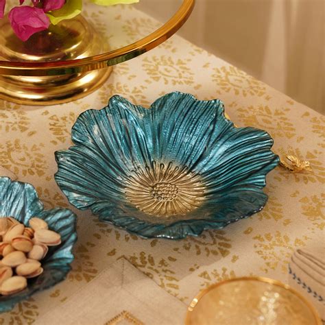 Shop Set of 2 Teal Floral Shaped Glass Serving Bowls - at Best Price ...