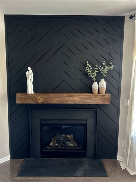 Modern Black Shiplap Fireplace with Walnut Mantle