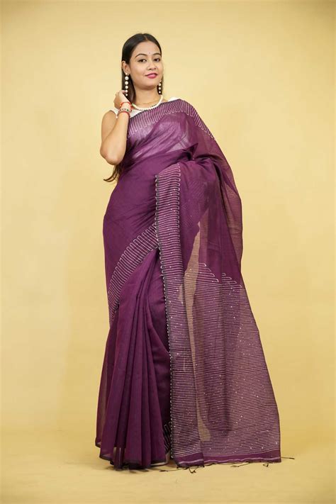 Purple Cotton Silk with Sequin-Embellished Pallu & Border Ready To Wear ...