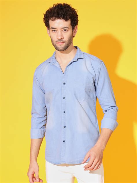 SINGLE POCKET LIGHT BLUE WASHED SILKY DENIM SHIRT – Doubleone