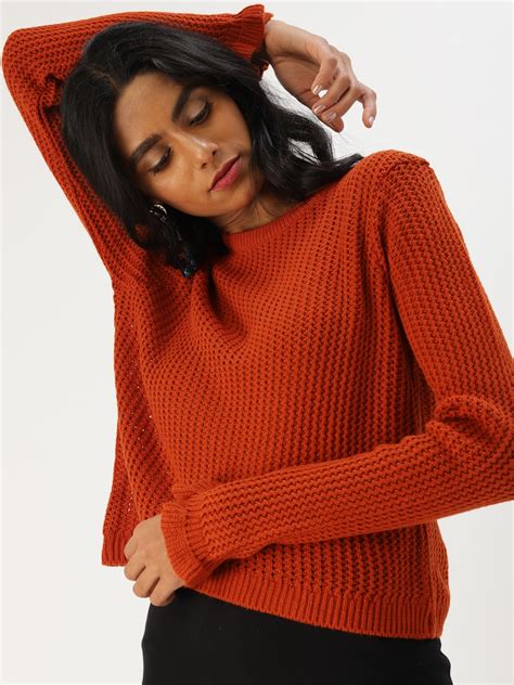 Buy DressBerry Women Rust Orange Self Design Pullover - Sweaters for ...