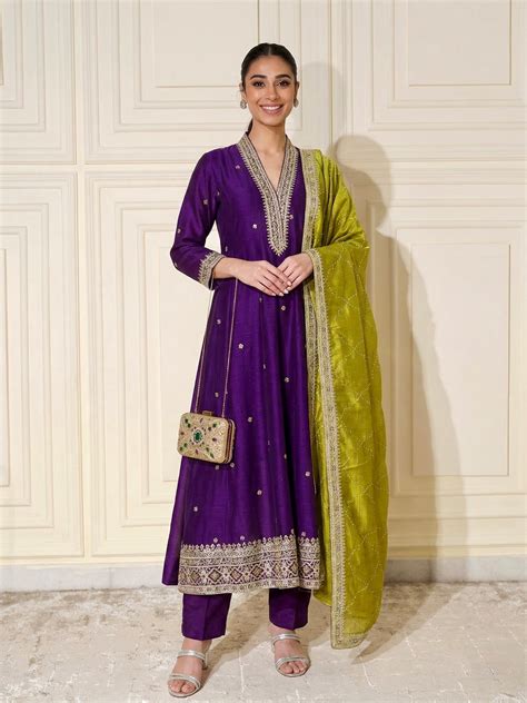 Shop Violet Silk Embroidered Anarkali Kurta Set With Dupatta