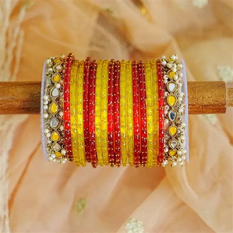 Traditional Glass Bangle Set with Kundan Metal Kada & Pearl for Women ...