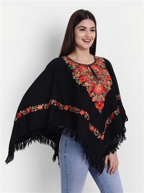 Woollen Poncho with Kashmiri Embroidery and Silk Lining | Black ...