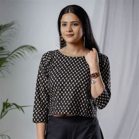 Black Sanganeri Hand Block Prints Full Sleeve Cotton Crop Top