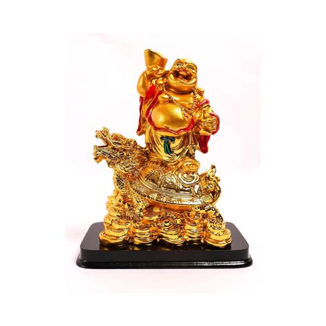Golden Laughing Buddha Holding Ingot & Wu Lou Idol on Dragon - 6.5 Inc ...