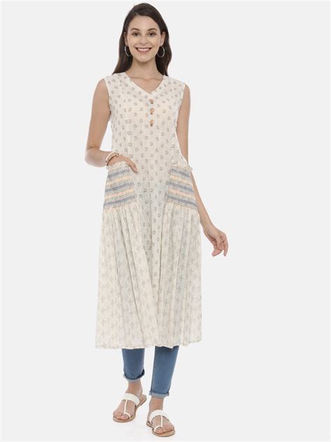 Neerus White Ethnic Printed Cotton A-Line Kurta for Rakhi Casual Women ...
