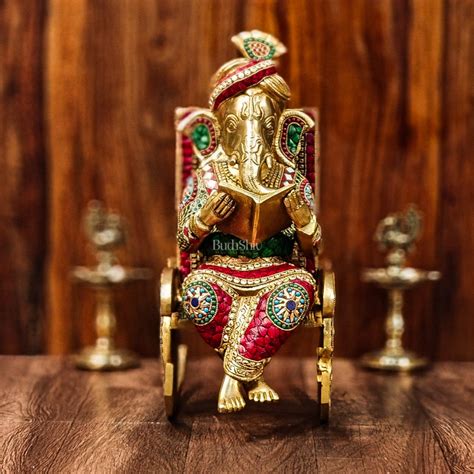 Buy Brass reading Ganesha on Rocking Chair 17" with stonework ...