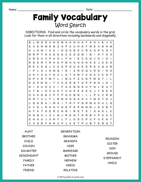 Family Vocabulary Word Search