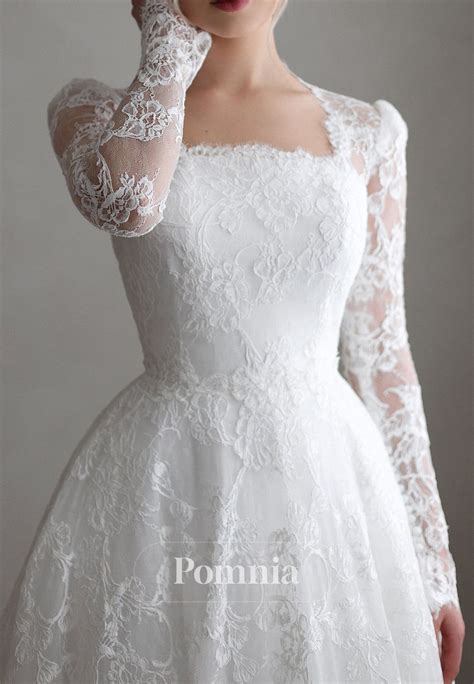 A-Line Long Sleeves Square Corset Lace Wedding Dress | Wedding dresses lace, Pleated wedding ...