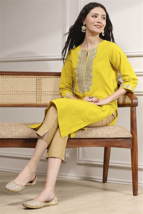 Buy Lime Green Cotton Solid Straight Kurta Online at Biba India