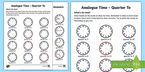 Analogue Time - Quarter To Worksheet / Worksheet