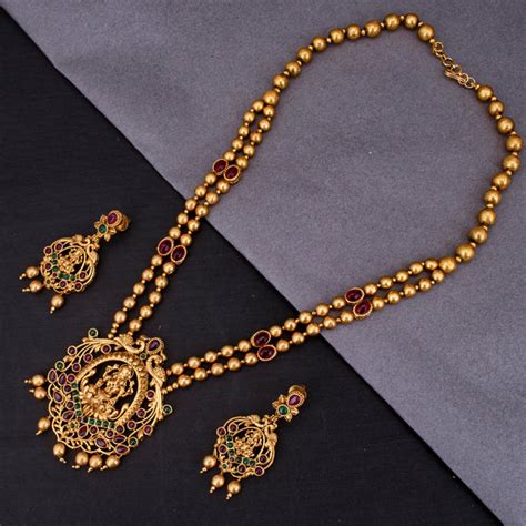 Buy Goddess Laxmi Pearl Long Temple Necklace Set Online | Sukkhi ...