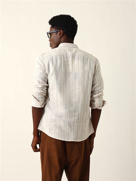 Shop Cream Woven Vertical Striped Slim Fit Casual Shirt Online ...