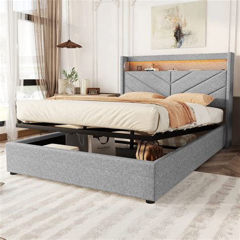 Cama contenedor 140 x 190 cm con cabecero - LED y toma USB - Tela de ...