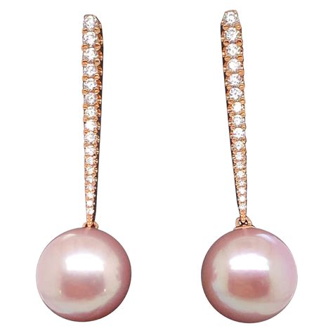 Pink Freshwater Pearl and Diamond Drop Earrings 18 Karat Rose Gold 0.61 ...
