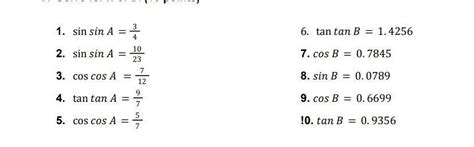 C. Solve for A or B. (10 points) 1. sin sin A = ² 10 2. sin sin A = 23 ...