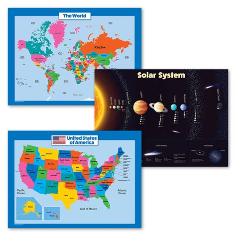 Buy 3 Pack - USA & World for Kids + Solar System Set (LAMINATED, 18" X ...