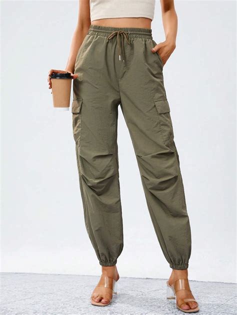 SHEIN Essnce Drawstring Waist Flap Pocket Side Cargo Pants | SHEIN USA