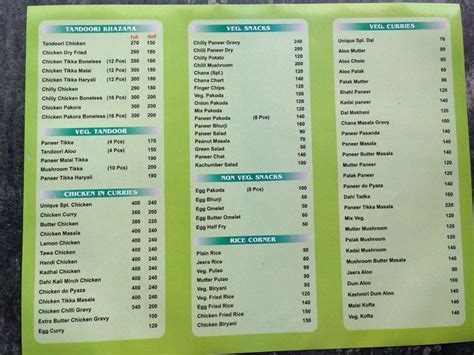 Menu at Unique Dhaba, Gurugram