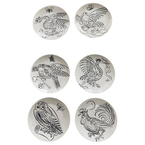 Set of 6 Vintage Fornasetti Calligraphy Bird black outline plates Milan For Sale at 1stDibs