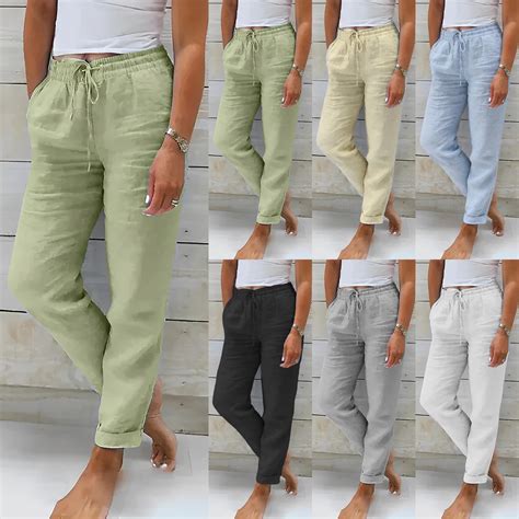 Womens Pants Casual Ladies Summer Elastic High Waist Solid Color Cotton ...