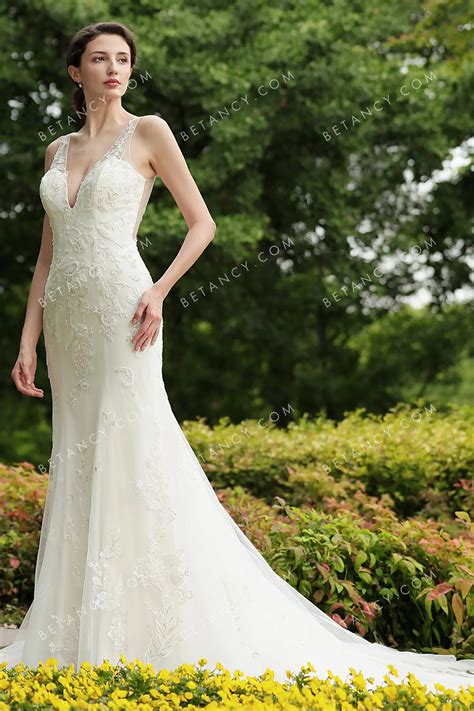 Elegant Deep V-neck Beaded Lace Mermaid Bridal Gown - BETANCY