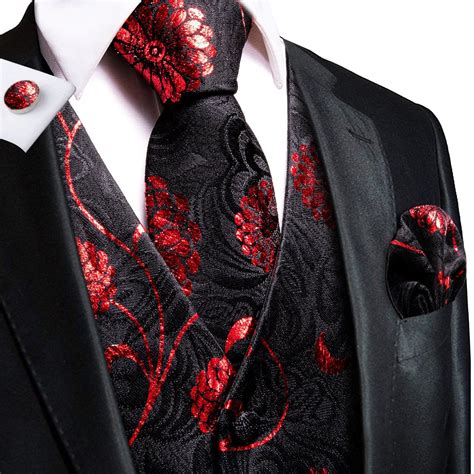 Ties2you Black Suit Vest Red Floral Men's Vest Tie Hanky Cufflinks Set ...
