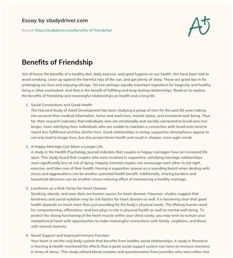 Benefits of Friendship - Free Essay Example | StudyDriver.com