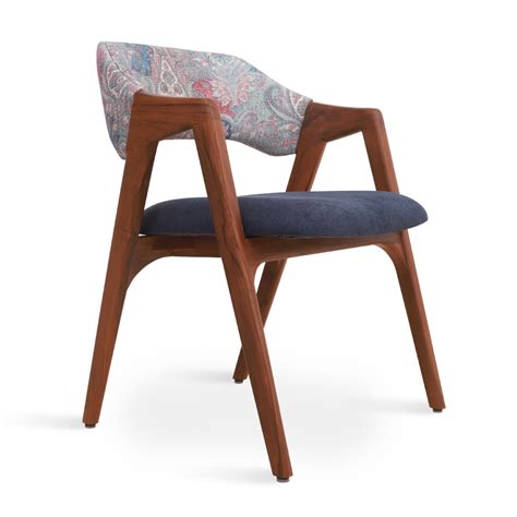 Ikkita - Teak Dining Chair, Blue Printed Fabric | Alankaram