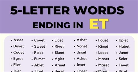 111 Examples of 5 Letter Words Ending in ET in English • 7ESL