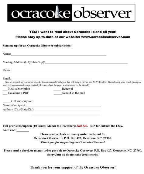 Subscription form 2016 | Ocracoke Observer